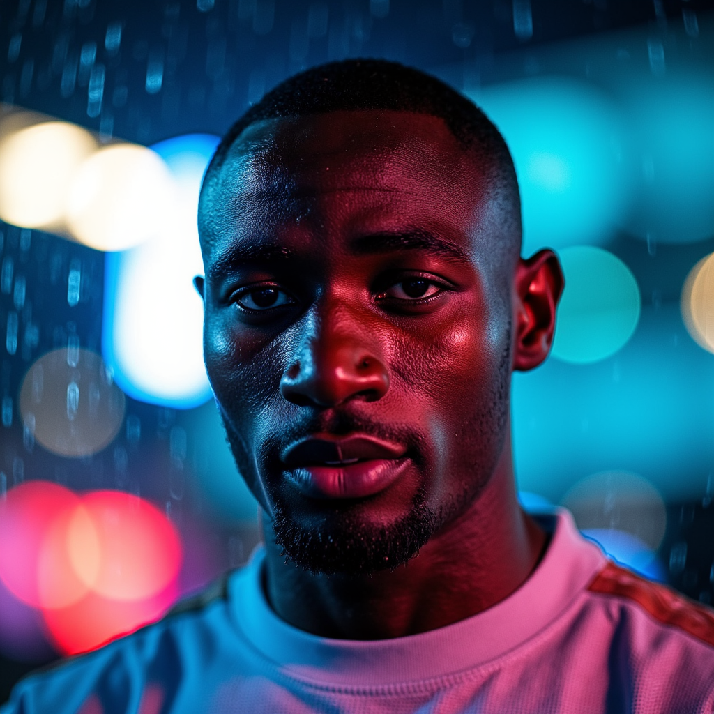 Close-up headshot of a player under neon-lit rain with water droplets on face, m