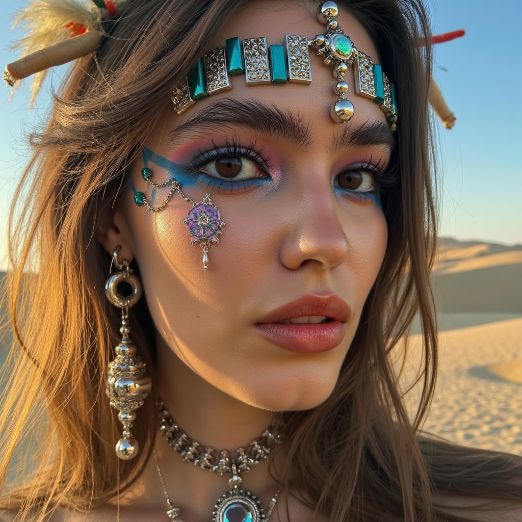 Close-up headshot of a cyber-tribal woman with face jewels and LED earrings, dramatic eye makeup, sandstorm background, Burning Man aesthetic