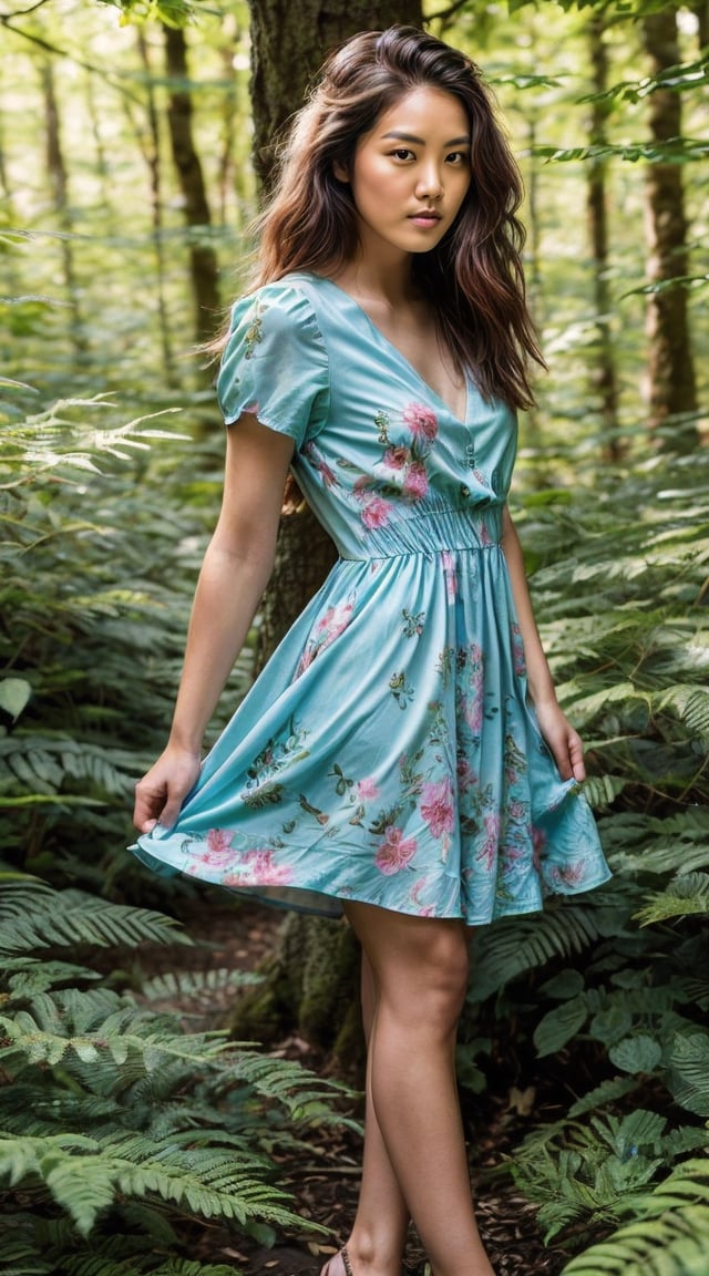 Energetic tropical adventurer, rainforest backdrop, lush greenery, and waterfalls.