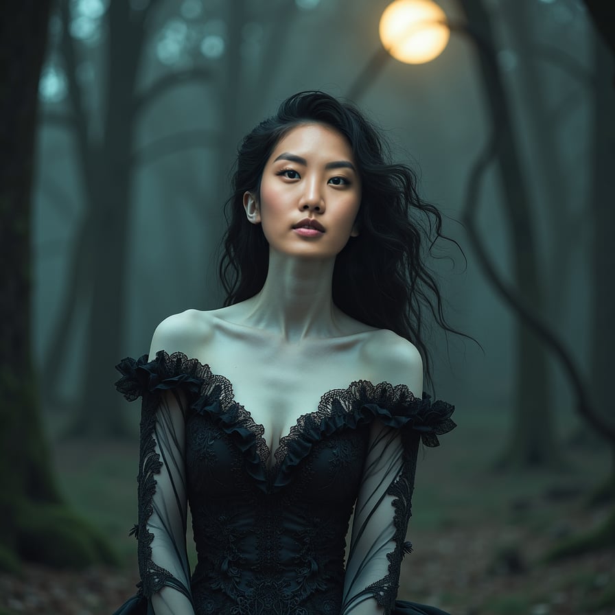 woman in luxurious Victorian-era inspired gown with intricate lace details, porcelain skin, dark eyeliner, posing in dimly lit, mysterious forest setting with subtle mist, under soft glow of full moon, romantic, eerie, mysterious, regal, refined.