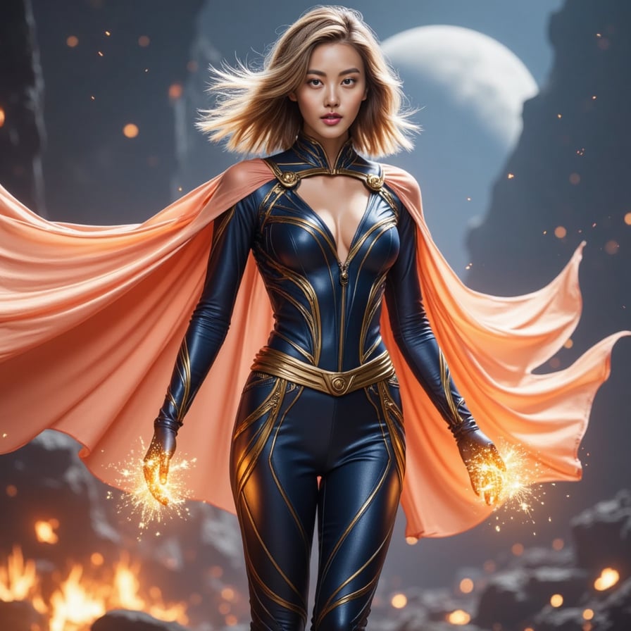 Queen-like female Avenger with regal tech-suit, radiant cape flowing in solar winds, floating mid-air with hands glowing, planetary battlefield behind, dynamic lighting, hyperrealistic render