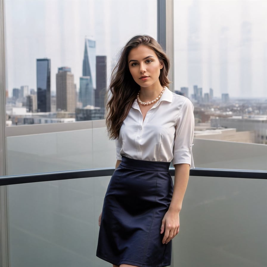 woman in a tailored navy blue professional dress, crisp white blouse, and pearl necklace, standing confidently in a corporate office setting with a city skyline view