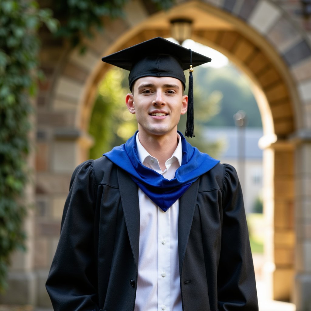 Head-and-shoulders formal image of a man graduate centered beneath a stone archway; calm, direct gaze; black gown with royal blue velvet hood edge (if desired, keep hood draped neatly), mortarboard level; short fade haircut, clean-shaven; camera straight-on, slight three-quarter shoulder turn; 85mm lens, f/1.8, ISO 100; lighting: large diffused key from the front-right and subtle kicker from back-left to separate from background; the archway and ivy softly out of focus, neutral tones; cloth realism: velvet pile on hood edge, creased sleeve folds, metallic cap button; minimal clutter, restrained palette, crisp micro-contrast on eyes and lashes, highly detailed, highly realistic, HDR.