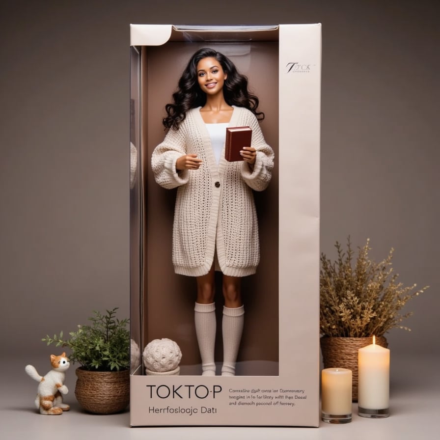 Wrapped in a chunky knit blanket, this figure holds a book in one hand and hot cocoa in the other. Includes: candles, fuzzy socks, sleepy cat figure, and fairy lights.