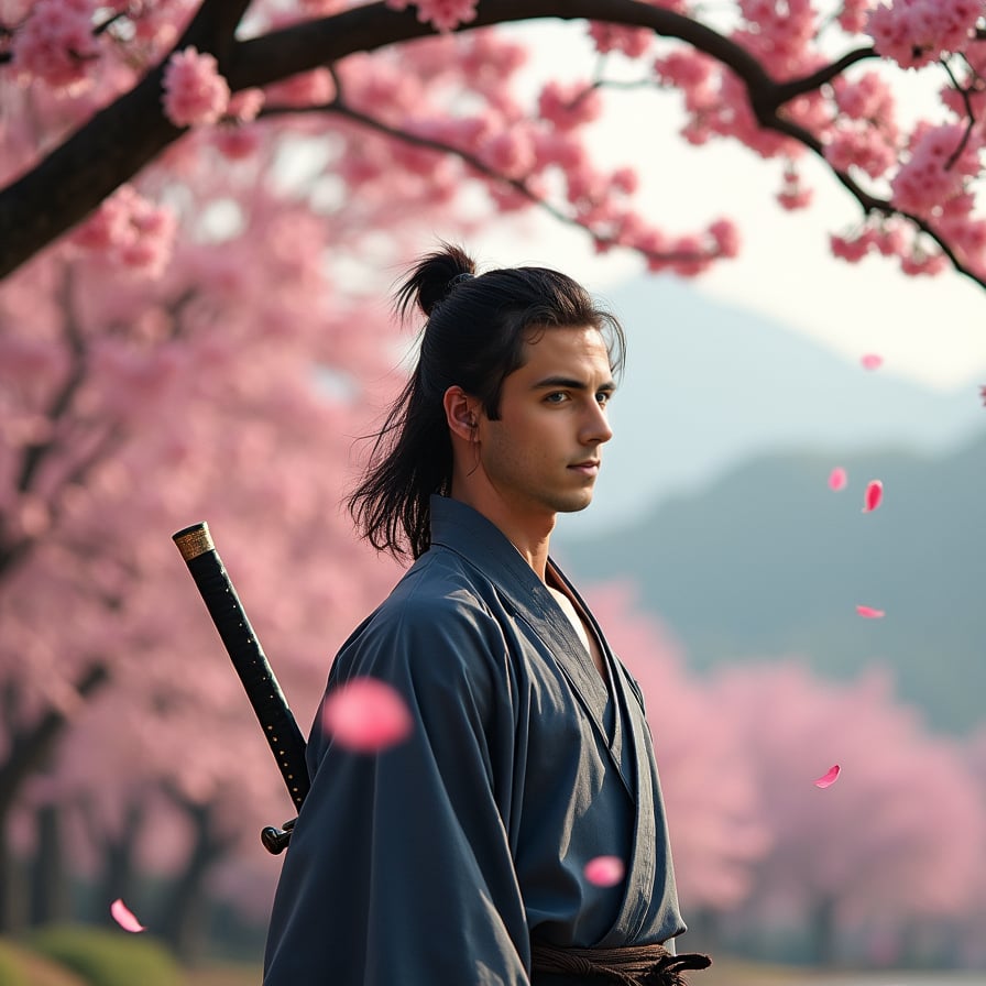 A lone samurai stands beneath a blooming sakura tree, his katana sheathed at his side. The wind carries pink petals through the air, blending with the distant mountains in the background. His expression is calm yet determined