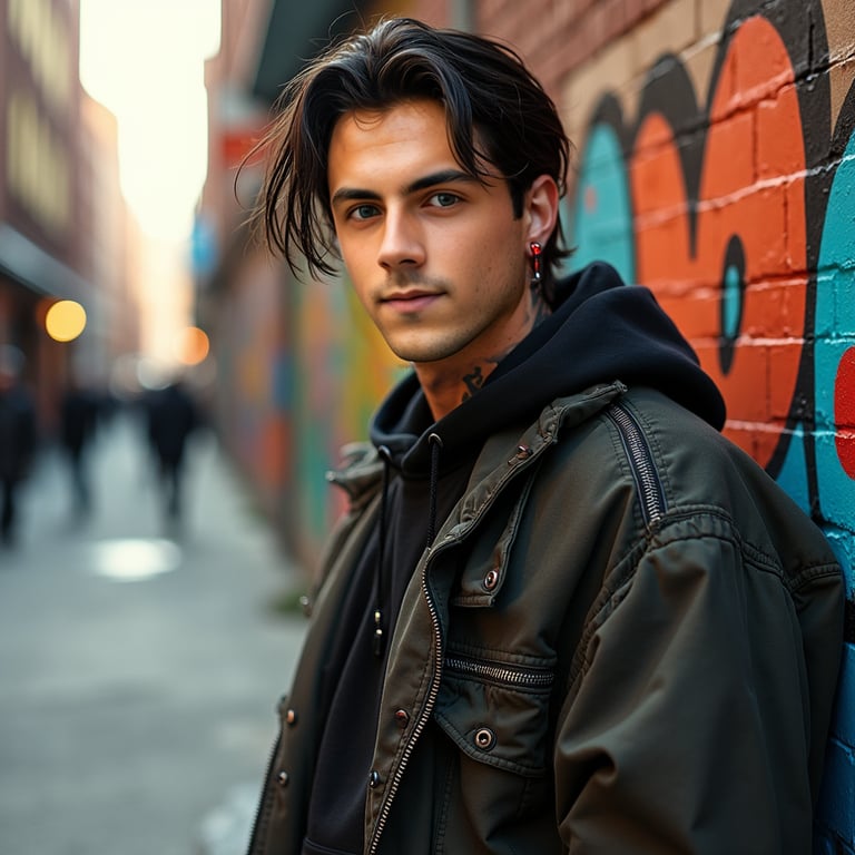 man with a stylish, trendy street style outfit, well-groomed, perfectly combed h