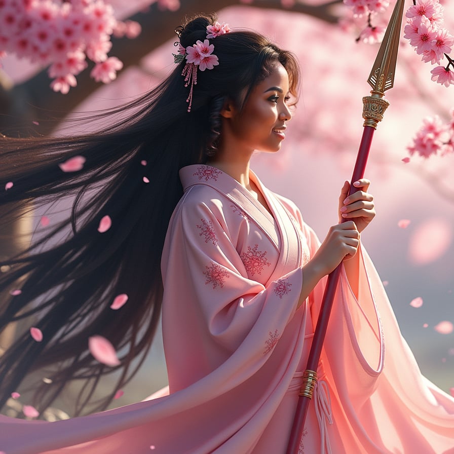 A warrior princess with long, flowing black hair stands beneath a massive cherry blossom tree, gripping a beautifully crafted spear. Her ornate armor gleams in the soft pink light, and the petals swirl around her like a storm.