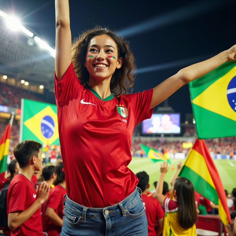 A passionate female football supporter celebrating at an Africa Cup of Nations s