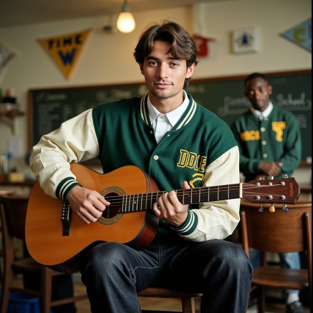 Hyper-detailed 1960s yearbook music club photo, a boy seated on a wooden stool in a dimly lit classroom, shot with a 50mm lens from slightly above eye level. He wears a forest green wool cardigan with visible ribbed cuffs over a white button-down shirt, collar neatly ironed. Dark denim jeans show natural crease lines at the knee. His brown hair is tousled in soft waves, catching the warm glow from a single tungsten bulb hanging overhead. Face features realistic texture — slight shadow along the jawline, light reflection in the eyes, and a faint smile. His hands rest gently on an acoustic guitar, the wood grain and subtle scratches on the body clearly visible. Behind him, the blurred outlines of music stands and a chalkboard create a warm, nostalgic background.
