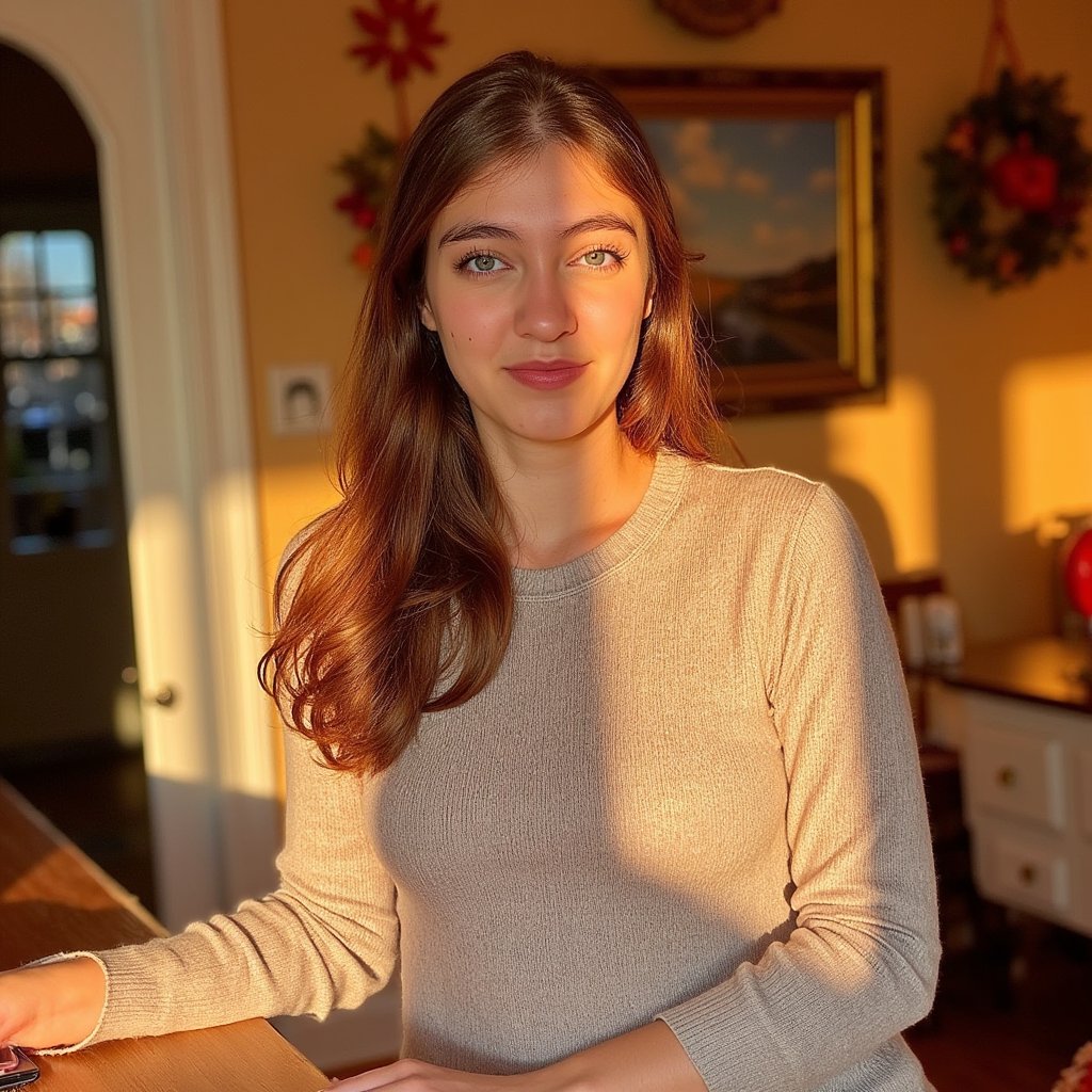 woman in soft autumn outfit, surrounded by warm golden light and seasonal tones, calm and joyful Thanksgiving ambiance with hints of a home setting and fall elements, HDR, high resolution, highly detailed