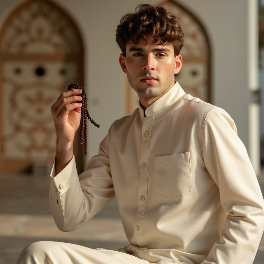 Knee-up portrait of a man seated with prayer beads in hand, dressed in a cream sherwani, subtle lantern light casting gentle shadows, inspired by Mawlid gathering atmosphere