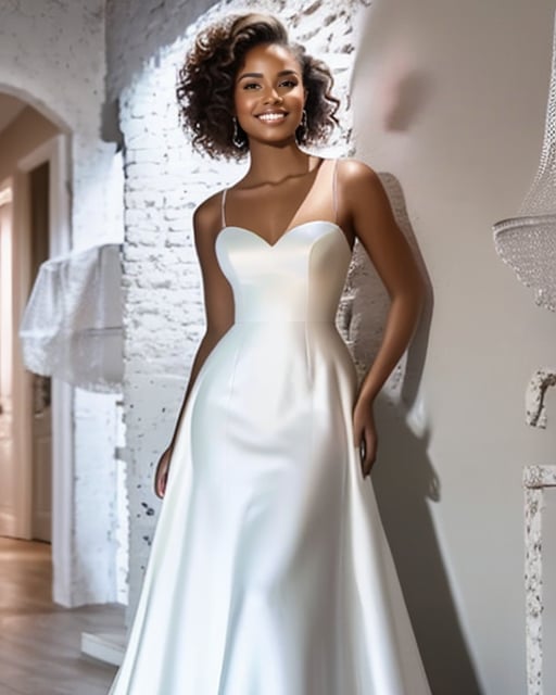 Stunning woman, multi-colored gown, plain wall, professional shot.