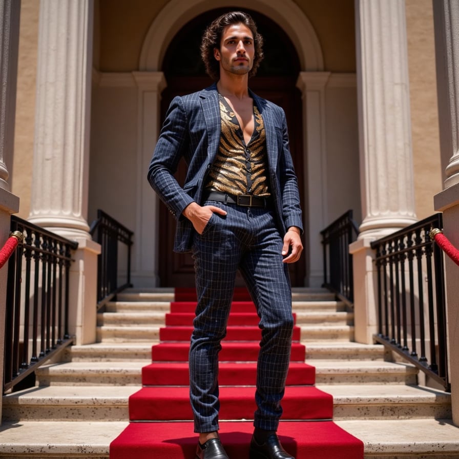 A sustainable couture outfit for a man made entirely of upcycled denim, glass shards, and recycled metal, with street-style edge and red carpet glam