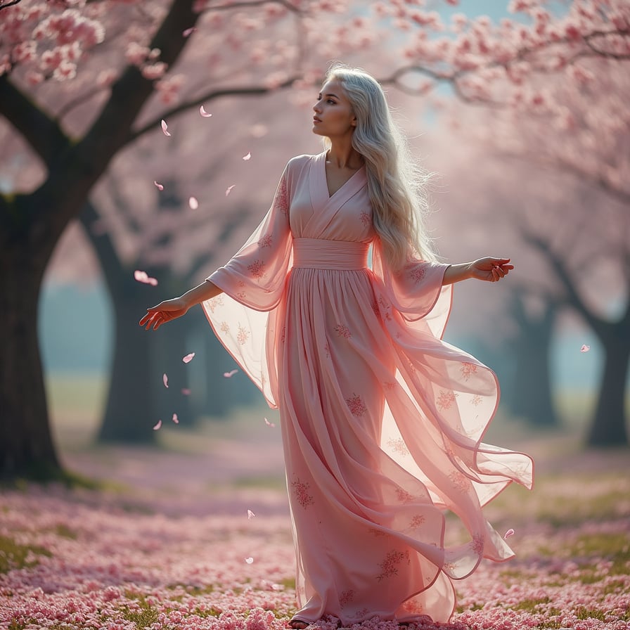A woman with long, silver hair stands on a hill covered in cherry blossoms, her arms outstretched as the wind lifts the petals into the sky. Her flowing gown blends with the sea of pink, creating a mesmerizing, almost surreal scene.