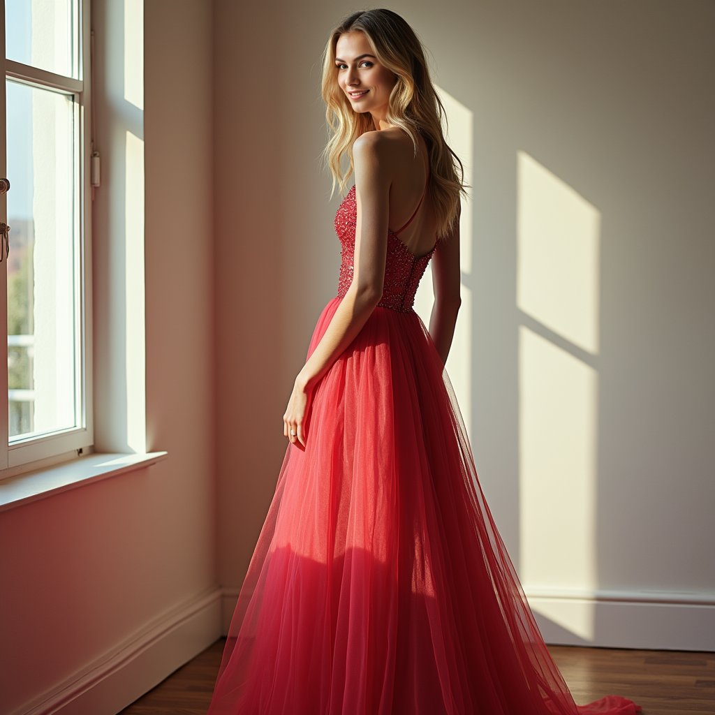 Stunning woman, multi-colored gown, plain wall, professional shot.