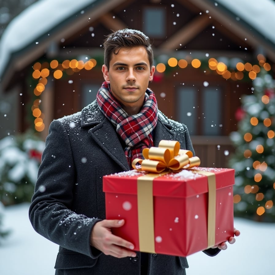A man in a classic wool coat and plaid scarf stands outside a snow-covered cabin, holding a large gift box wrapped in red paper and a golden bow. Snowflakes fall around him as he smiles warmly.