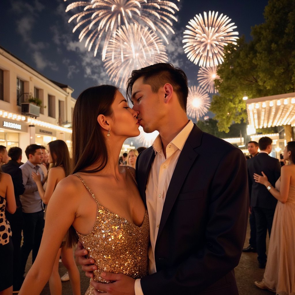 Gender: Male and Female

Pose: Waist-up, captured mid-kiss as the countdown hits its final seconds. The couple is close, eyes closed, with their faces lit by the glow of fireworks overhead.

Attire: The male is wearing a navy blue blazer and a white shirt, slightly unbuttoned at the collar. The female is in a sparkly gold dress, with fine details on the fabric visible.

Hairstyle: Both have their hair styled neatly but with a slightly relaxed look, giving the moment a romantic, intimate vibe.

Lighting: Bright flashes from the fireworks in the background illuminate their faces and attire, while softer ambient lighting from the surrounding crowd adds a warm glow.

Background: The fireworks explode in the dark sky above, with blurred, festive partygoers in the background. The scene is filled with excitement and joy.

Camera Angle: Close-up shot focusing on the couple’s faces, capturing the romantic and magical moment as they kiss with the fireworks overhead.

Additional Details: HDR for crisp details in their facial expressions and the sparkling lights from the fireworks reflecting on their clothes and skin.