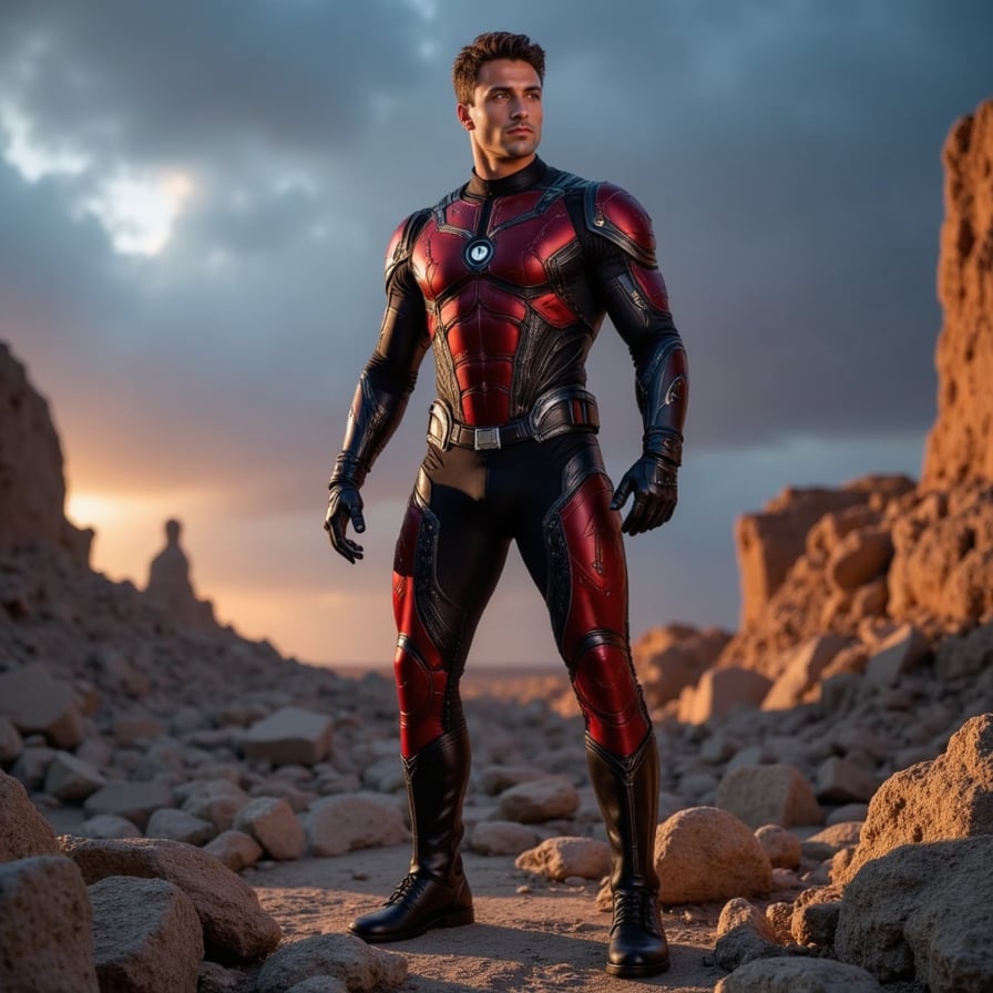 A superhero rising from rubble, wearing cracked crimson armor with ember glow, face partially lit by firelight, moody sky behind, strong but tired expression