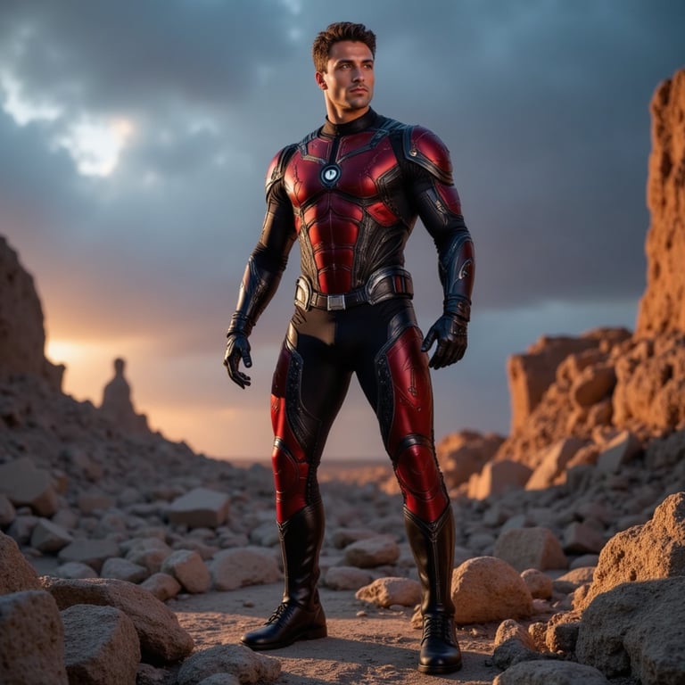 A superhero rising from rubble, wearing cracked crimson armor with ember glow, f