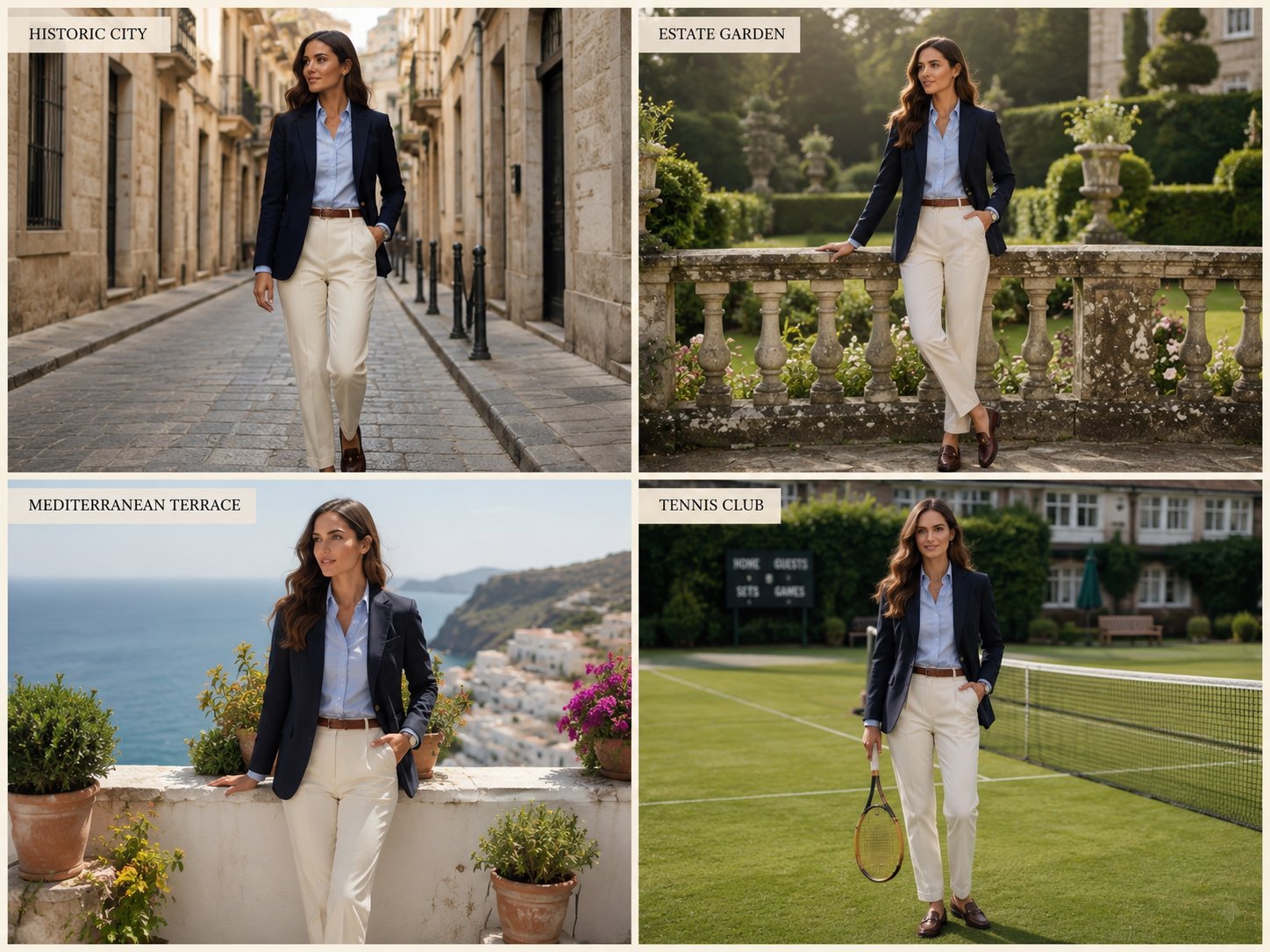Same outfit in an understated setting versus a location with obvious wealth signals