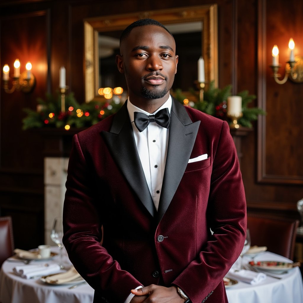 Man standing in an elegant dining room with candelabra and dark wood accents. Hairstyle: combed back with side part, clean shave. Attire: deep burgundy velvet dinner jacket, black satin bow tie, white pocket square. Fabric details: plush velvet nap, satin sheen, fine cotton weave. Camera: slightly above eye level, 85mm, f/1.8. Lighting: candlelight key + faint wall sconce fill; warm and cinematic. Background: blurred candelabra glow, dark mahogany wall paneling, subtle table settings. Pose: hands lightly folded at front, gentle half-smile. Render: highly detailed, highly realistic, HDR; fine facial hair texture, candle reflections on fabric.