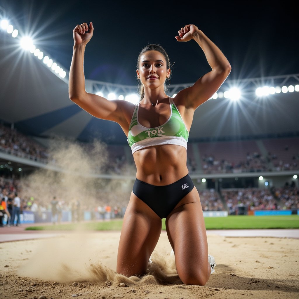 Knee-up portrait of a high jumper mid-celebration after a successful jump, arms raised, dust rising around feet, bright stadium lights in back