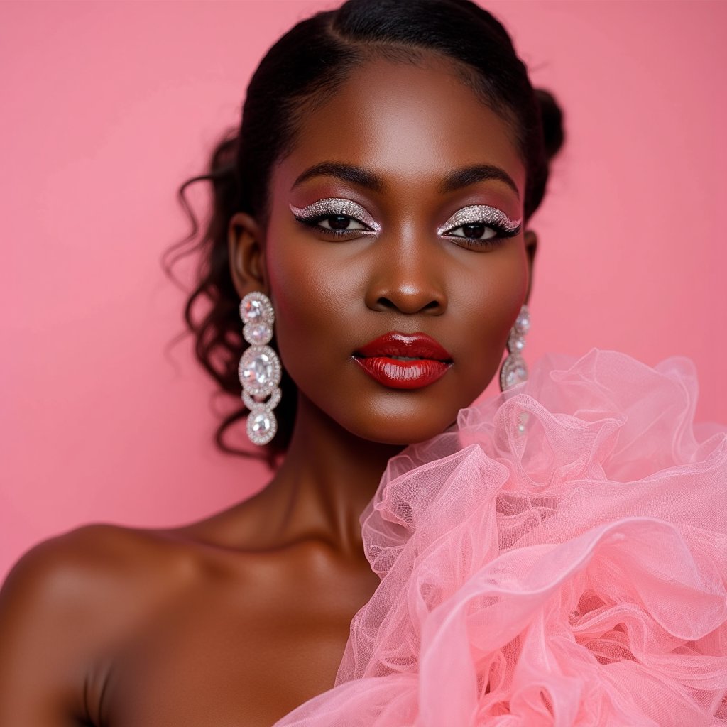 Front-facing close-up of a woman with glittery eye makeup, diamond rhinestones around eyes, glossy red lips. Hair styled in loose, messy curls. Background: solid pastel pink. Expression: playful, lips slightly parted. Spotlight reflections catch rhinestones and gloss, hyperreal skin beneath.