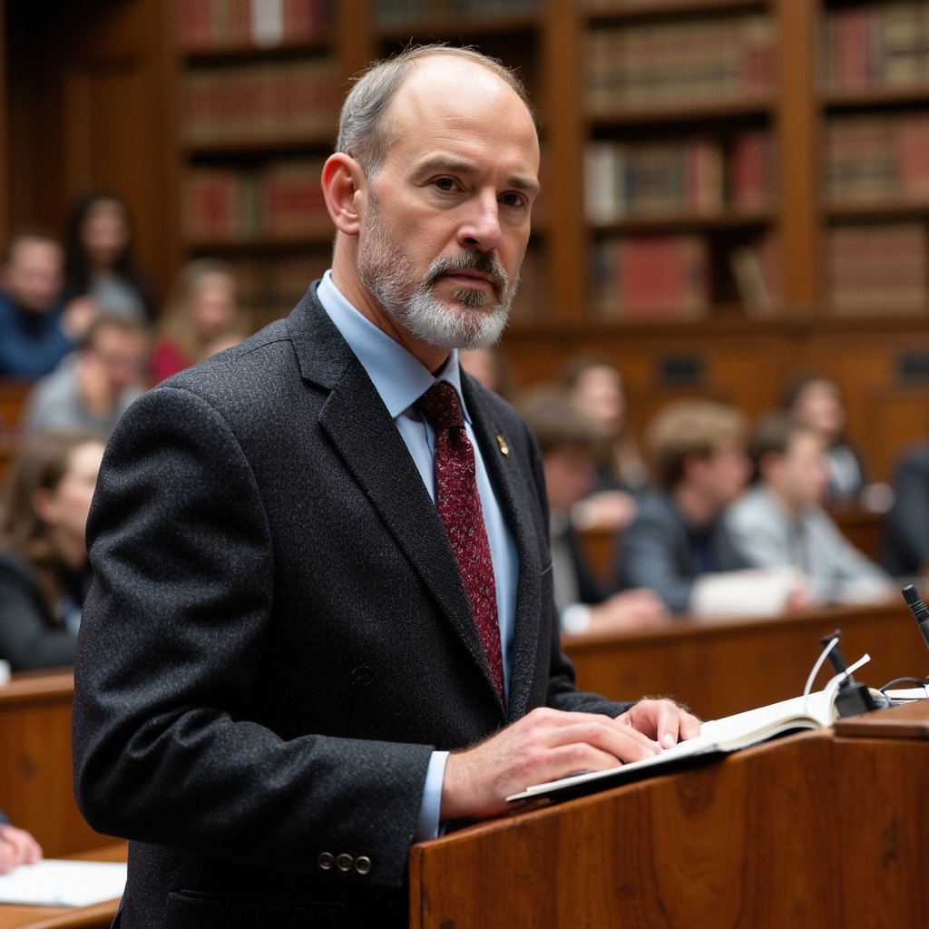 Wide shot, 28 mm f/3.2. Man in early 60s, dark skin, bald with neatly trimmed grey beard. Tweed jacket with elbow patches, light blue shirt, patterned tie. Standing at podium with open casebook. Lighting: balanced LED overhead. Background: blurred students in tiered seating.