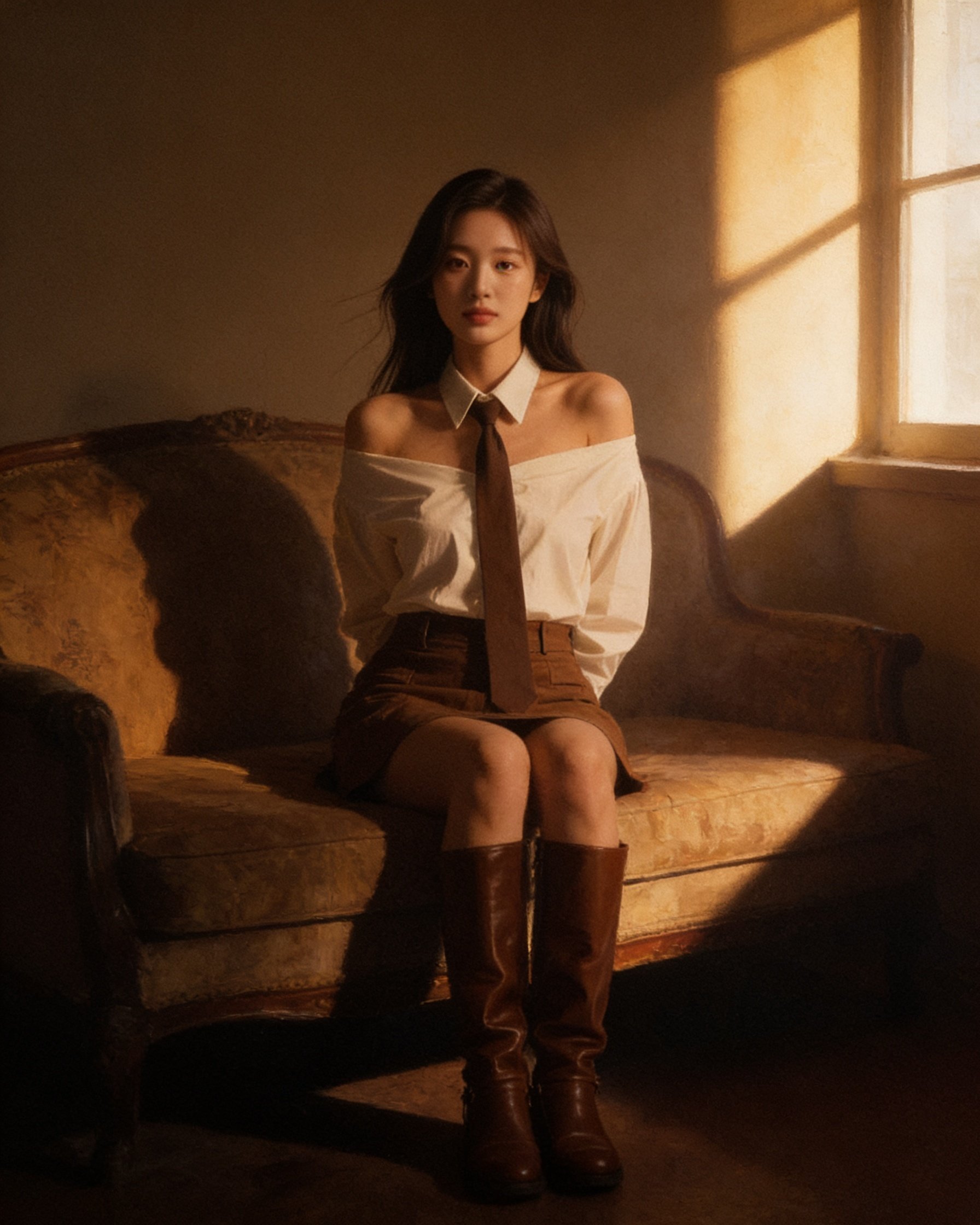 CINEMATIC LOW-LIGHT PORTRAIT, WARM AMBER AND BROWN COLOR GRADING, SOFT WINDOW LIGHT FROM THE SIDE, DEEP SHADOWS, NOSTALGIC 35MM FILM LOOK, GRAINY TEXTURE, SUBTLE HAZE, SHALLOW DEPTH OF FIELD, EMOTIONAL MELANCHOLIC MOOD, SUBJECT SITTING ON A VINTAGE SOFA, NATURAL SKIN TEXTURE, SOFT CONTRAST, MUTED COLORS, PAINTERLY SHADOWS, INTIMATE ATMOSPHERE, FILM PHOTOGRAPHY, KODAK PORTRA 400 STYLE, SOFT FOCUS EDGES, CINEMATIC FRAMING, REALISTIC FACE, NO HARSH LIGHT, CALM EXPRESSION, QUIET SADNESS, AESTHETIC