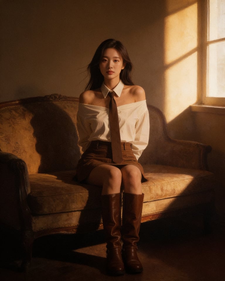 CINEMATIC LOW-LIGHT PORTRAIT, WARM AMBER AND BROWN COLOR GRADING, SOFT WINDOW LI