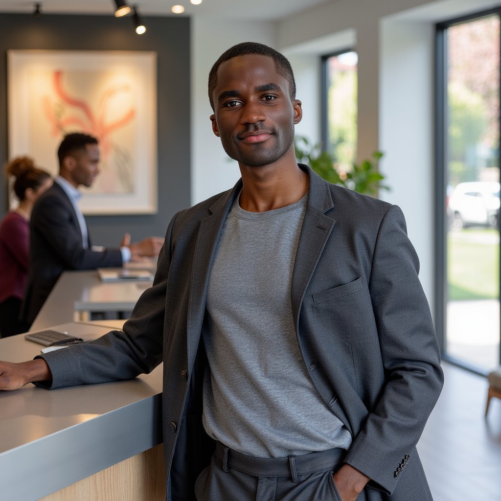 man in a charcoal grey crew-neck t-shirt with subtle texture, casually leaning against a sleek, metallic counter. He has a warm, approachable smile, his gaze directly engaging the viewer. The background features a softly blurred, modern co-working space with distant figures at laptops and abstract art on the walls, illuminated by the gentle glow of natural light filtering through large windows.