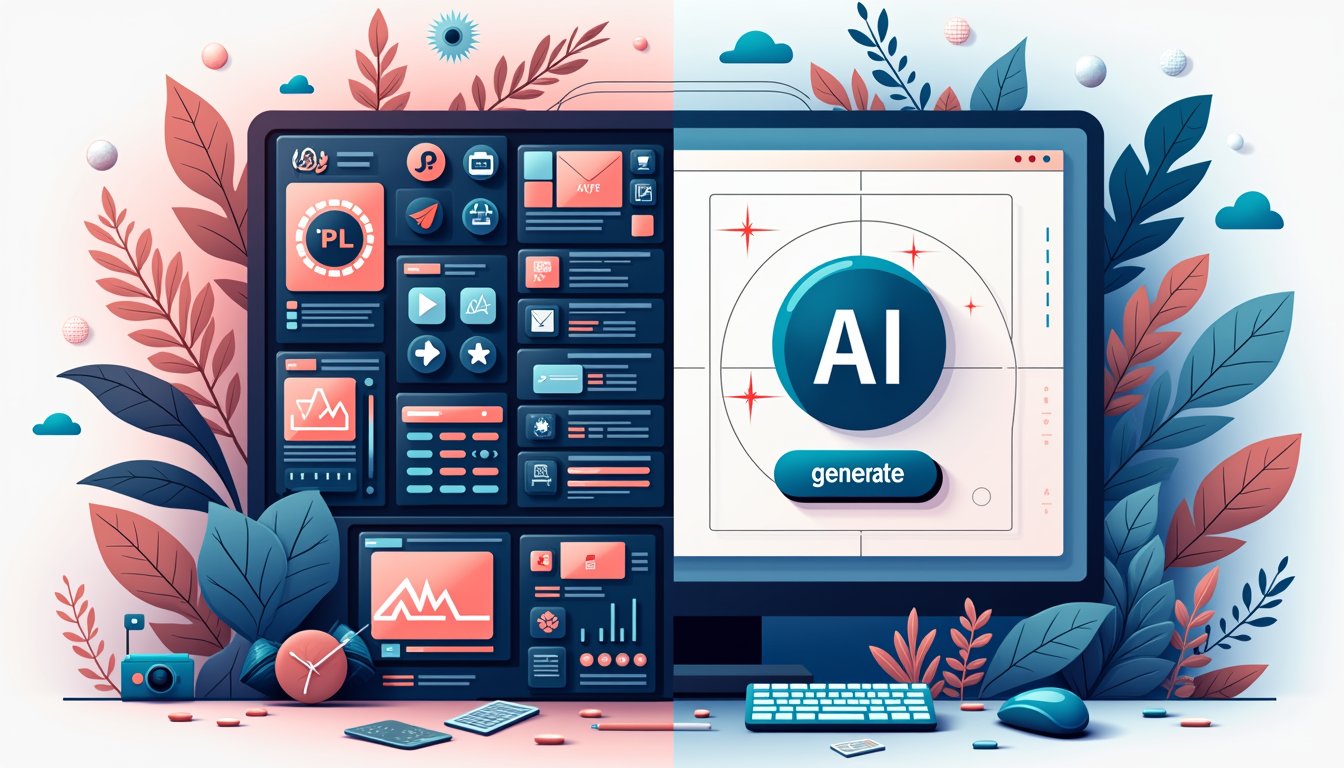 A conceptual digital illustration is split into two contrasting halves against a clean white background. The left side depicts a cluttered and complex interface, characterized by an overwhelming array of menus, layers, and tools, all abstracted to convey a sense of software intricacy without referencing specific brand logos. The design elements are densely packed, with a multitude of icons, buttons, and sliders, evoking a sense of chaos and user overwhelm. In stark contrast, the right side presents a minimalistic modern interface, featuring a single, prominent AI text box accompanied by a simple, bold "generate" button, embodying the epitome of ease and simplicity in AI photo editing. The illustration adopts a flat, infographic style, with bold lines, vibrant colors, and clear typography, effectively juxtaposing the complexity of traditional software interfaces with the streamlined elegance of modern AI-driven design.