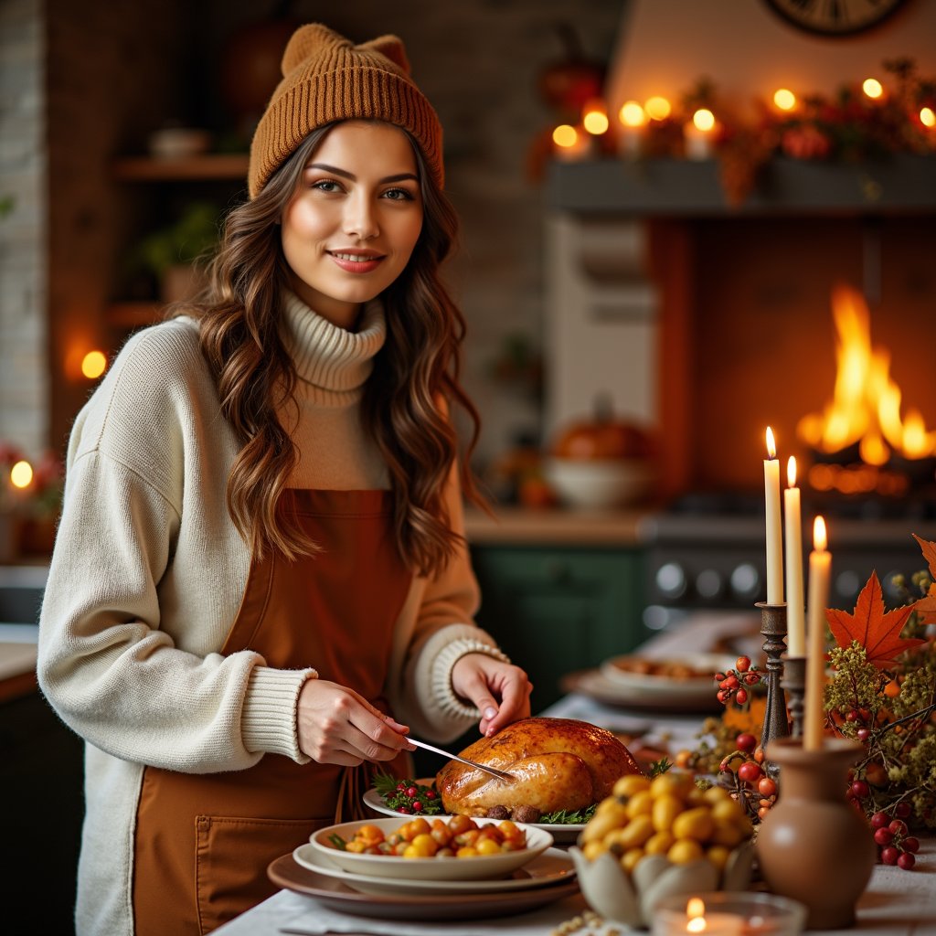 Woman preparing Thanksgiving meal, cozy kitchen, autumn decor.