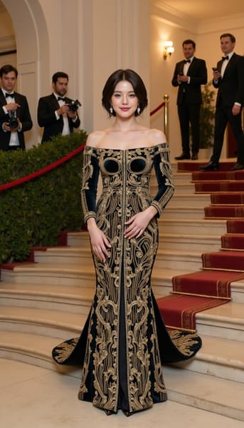 Background: actual 2026 Met Gala setting at the Metropolitan Museum of Art, grand stone steps, tan stone-garden carpet with moss-green patches, wisteria framing, warm evening gala lighting.
Model: fictional model in a Renaissance portrait-inspired velvet gown, square neckline, pearl net hairpiece, gold-thread sleeves, embroidered painted-panel bodice; standing with hands folded calmly at the waist.
Camera: centered portrait-to-full-body shot, museum-painting symmetry.