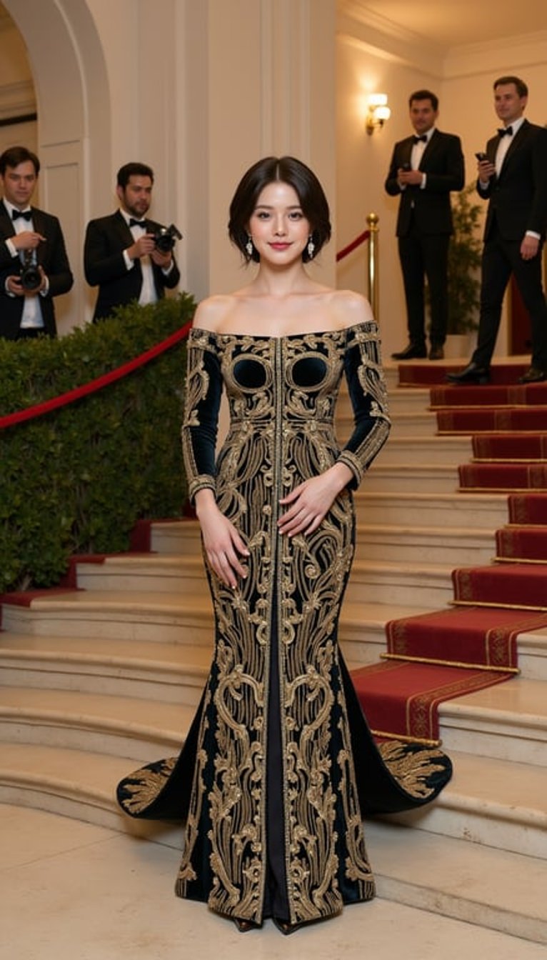 Background: actual 2026 Met Gala setting at the Metropolitan Museum of Art, grand stone steps, tan stone-garden carpet with moss-green patches, wisteria framing, warm evening gala lighting.
Model: fictional model in a Renaissance portrait-inspired velvet gown, square neckline, pearl net hairpiece, gold-thread sleeves, embroidered painted-panel bodice; standing with hands folded calmly at the waist.
Camera: centered portrait-to-full-body shot, museum-painting symmetry.