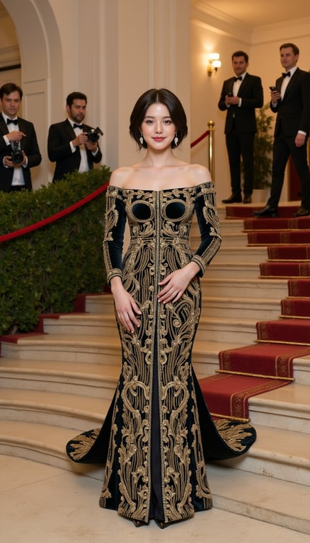 Background: actual 2026 Met Gala setting at the Metropolitan Museum of Art, gran