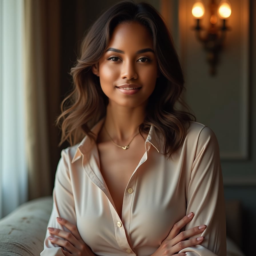 Design a headshot of a confident woman with elegant poise. She is styled in a chic blouse or dress, with soft lighting creating a flattering and polished effect. Her pose is graceful, her expression warm yet commanding, perfect for showcasing a creator's bold personal brand