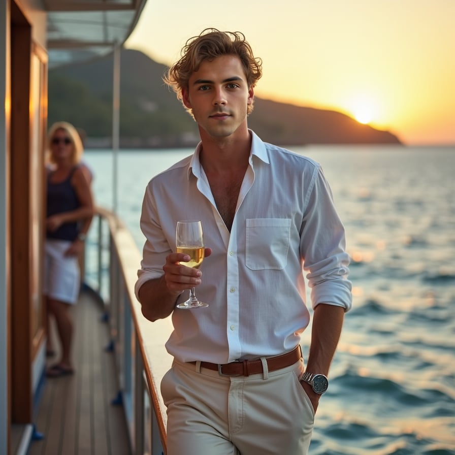 Exploring Ports: The model is dressed in a stylish yet practical outfit for exploring port destinations. he’s seen walking along the quay, interacting with locals, or shopping at a portside market, capturing the adventurous and chic side of cruise travel.