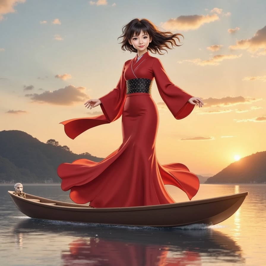 girl in vibrant red traditional Japanese dress, standing on a serene boat-like train, gliding across calm waters, surrounded by soft warm golden tones of sunset, accompanied by No-Face, eerie and mystical, in a dreamlike setting.