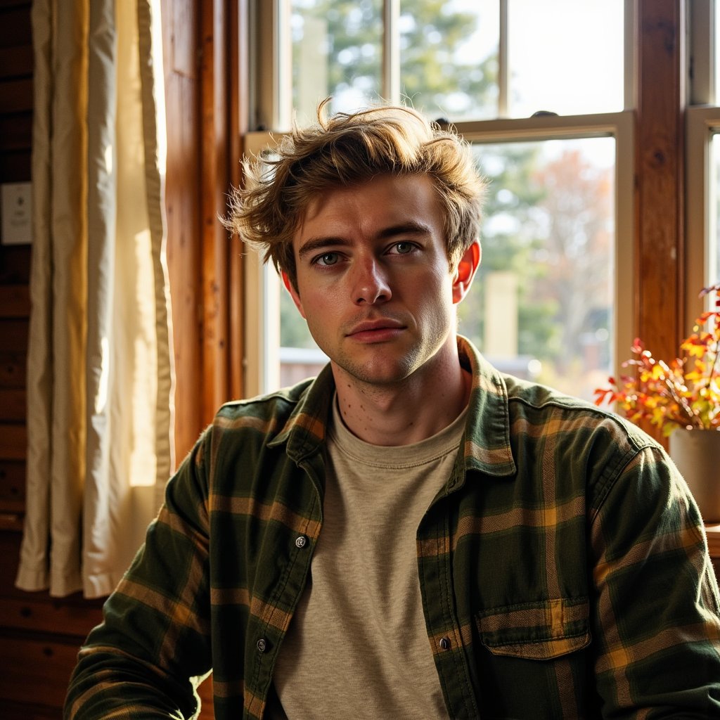 Hyperrealistic, highly detailed, HDR image of a man (male, ~28 yrs) sitting near a large farmhouse window with diffused golden daylight spilling in. Waist-up composition, camera straight-on at eye level. He wears a moss-green flannel shirt layered over a light oatmeal-colored crewneck. His hair is chestnut brown, medium length, slightly messy in a natural way. The light creates gentle contrast between the illuminated right side of his face and soft shadow on the left. His gaze is calm, reflective. Background out of focus: textured linen curtains, faint autumn foliage outside. Detailed skin pores, fine beard texture, flannel weave visible with tiny fibers highlighted by sunlight. Natural cinematic color tones. HDR, high resolution, high quality, highly detailed, photorealistic.