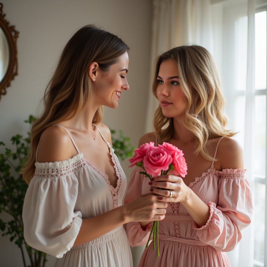 Dressed elegantly, you surprise him with a heartfelt proposal, presenting a thoughtful gift or a letter that expresses your true feelings