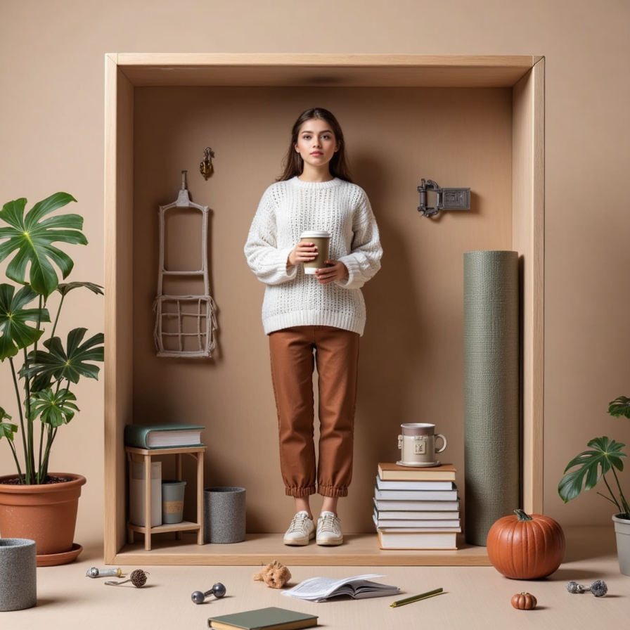 Relaxed woman in oversized sweater, holding a coffee, surrounded by books and a 