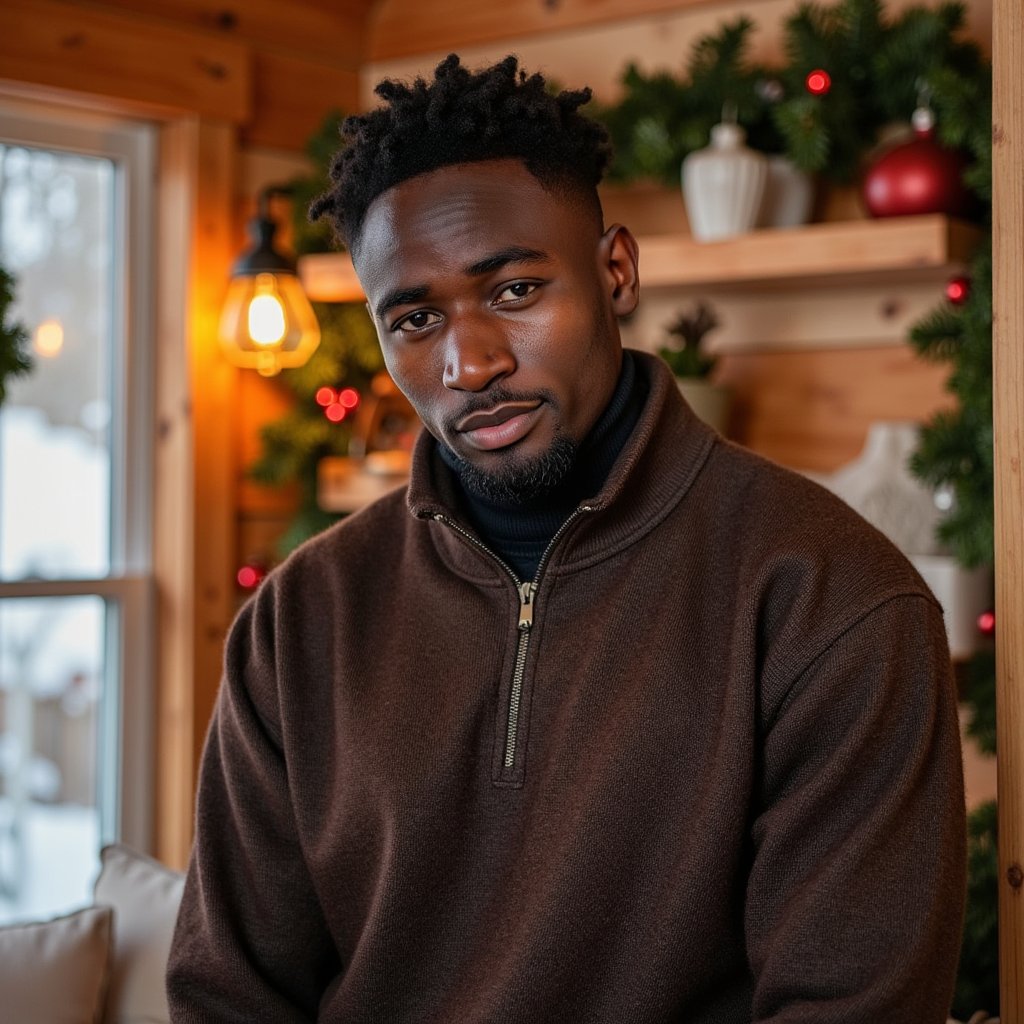 Waist-up portrait of a man inside a wooden cabin decked with subtle Christmas décor. He leans lightly against a wooden beam, hands relaxed at his sides, calm stillness. He wears a dark brown lambswool quarter-zip sweater with visible fiber fuzz, zipper glinting softly.
Hair: messy textured waves; short beard.
Lighting: warm cabin lantern light from camera-left, with a cooler outdoor window glow from behind for contrast.
Background: blurred cabin shelves with pine garland and a couple of minimal ornaments; clean, uncluttered, warm tones.
Camera: 70mm f/2, slight upward angle to add cabin grandeur; highly detailed, highly realistic, HDR showcasing wool texture and wood grain.