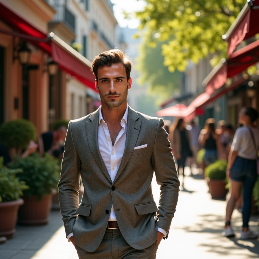 man in stylish, modern attire, wearing a fitted blazer and slim-fit trousers, wa