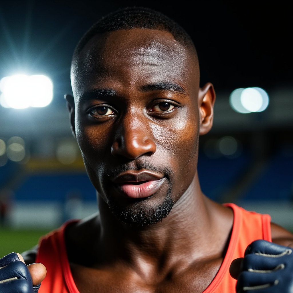 Close-up portrait of a male sprinter with clenched jaw and racing gloves on, under tunnel lights before entering the arena — raw pre-race energy