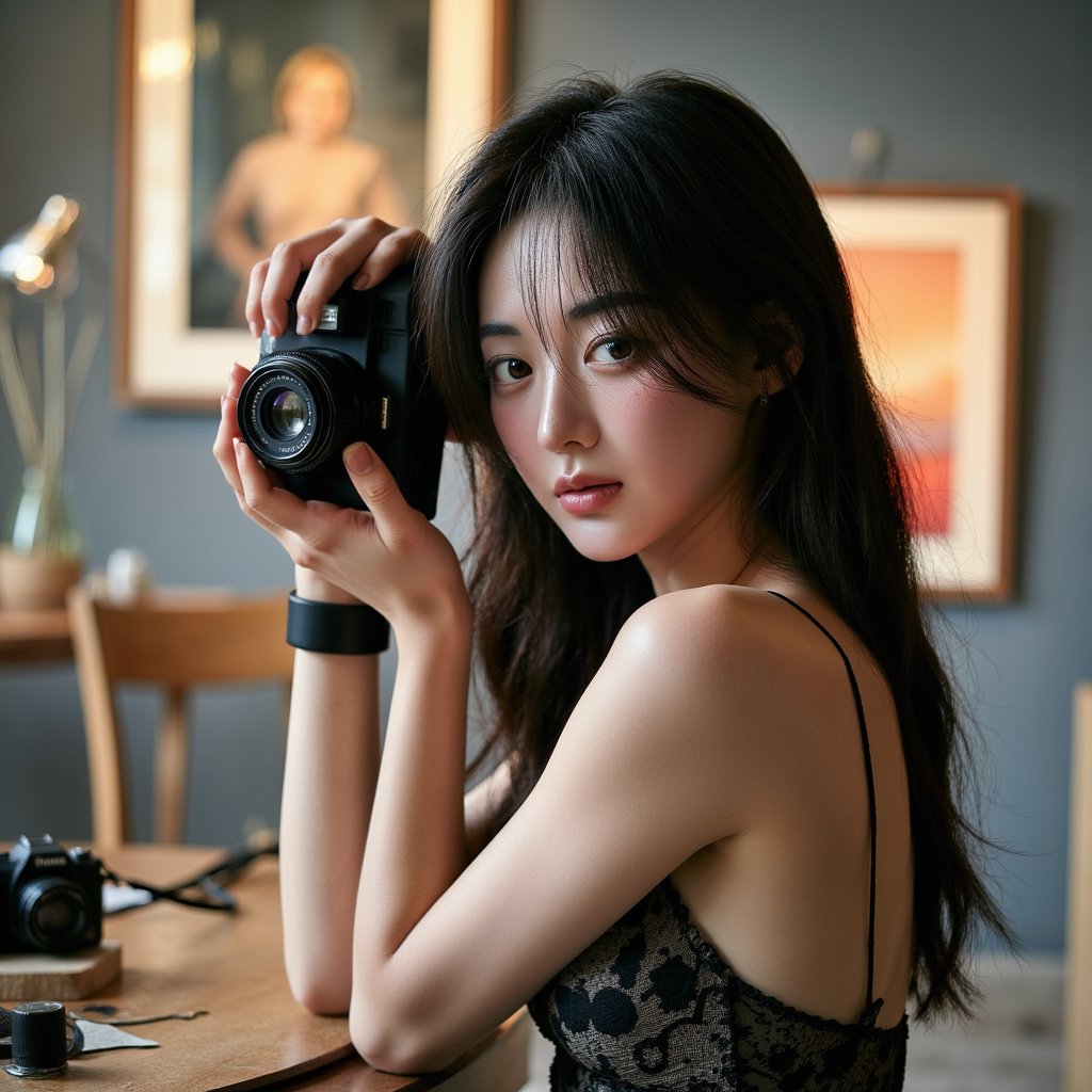 Stylized headshot of a photographer in action, mid-click with camera raised, blurred background, focus on intent gaze and posture, celebrating World Photography Day