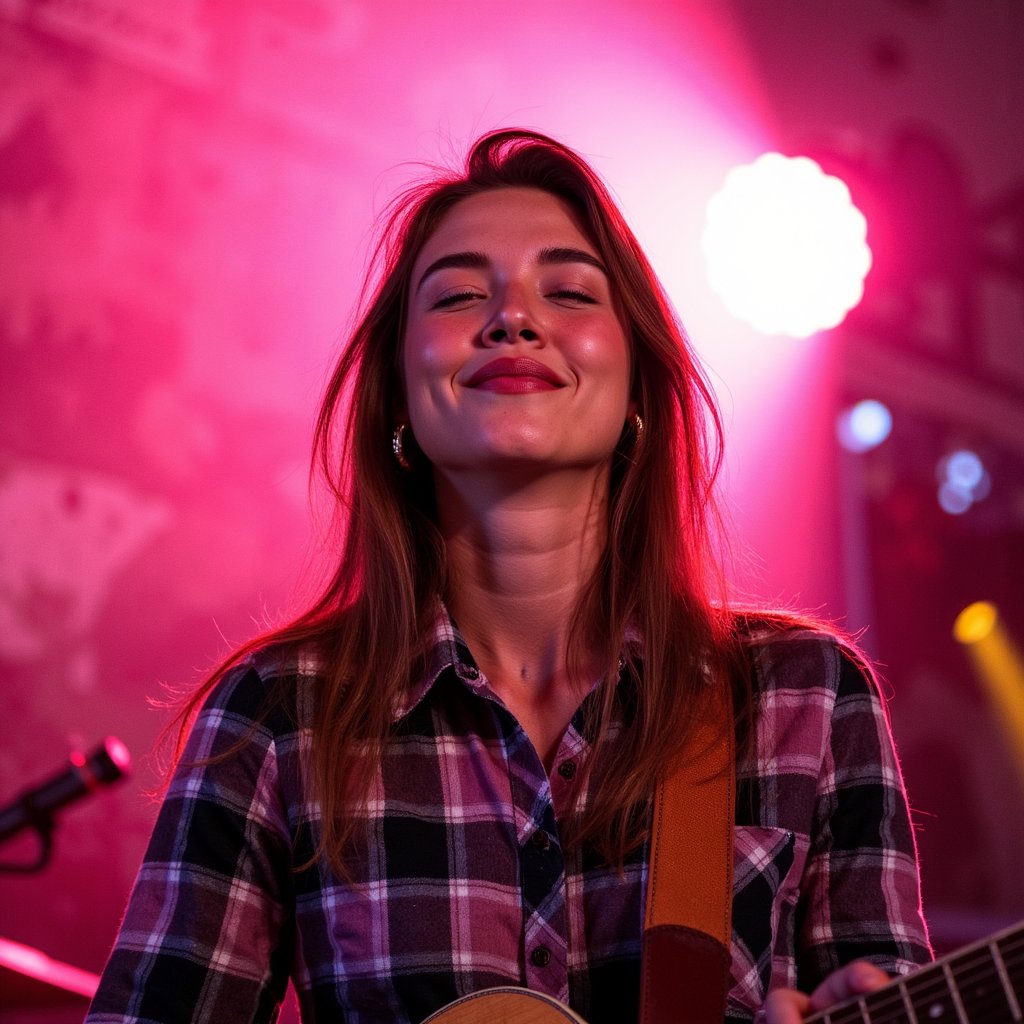 Portrait of an indie singer mid-song, eyes closed, gentle expression, soft stage spotlight on face, wearing plaid shirt with guitar strap visible — Ed Sheeran Play vibe