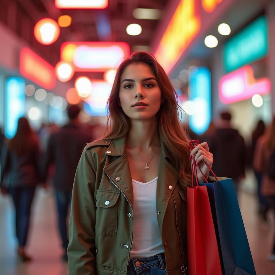 A young woman with a big smile, holding a shopping bag and standing in front of a bright, neon-lit Black Friday sale background