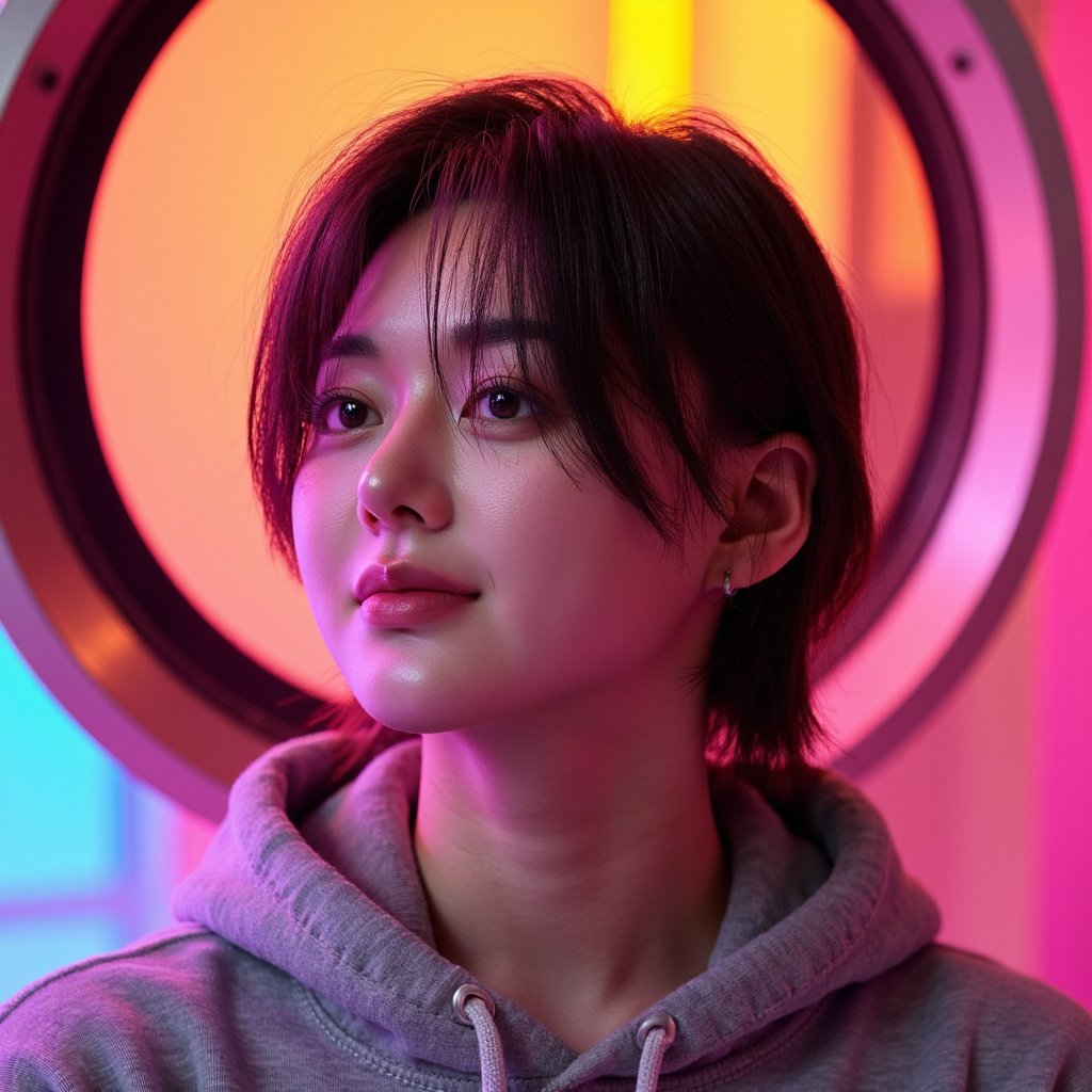 Close-up headshot of a singer-songwriter with tousled hair, casual hoodie, faint smile, soft sunset lighting — quiet and personal like Ed Sheeran’s Play tour
