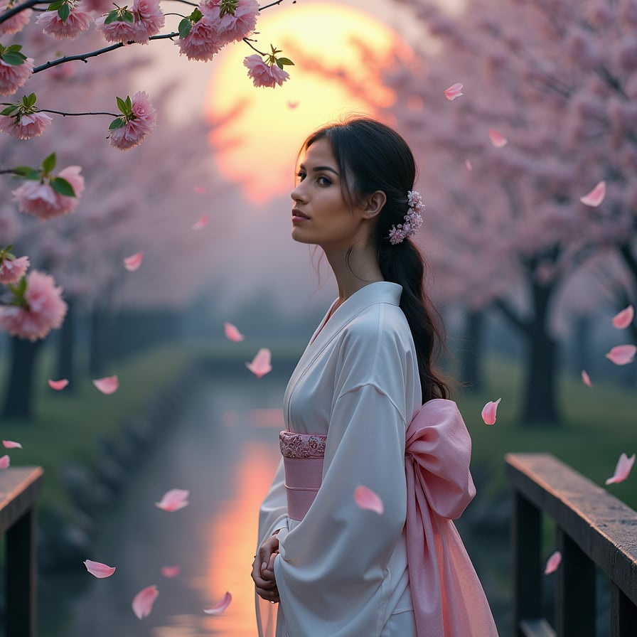 A mysterious woman in a white kimono stands on a wooden bridge under a glowing full moon, surrounded by cherry blossoms. The petals shimmer in the moonlight as a calm river flows beneath her, reflecting the stars